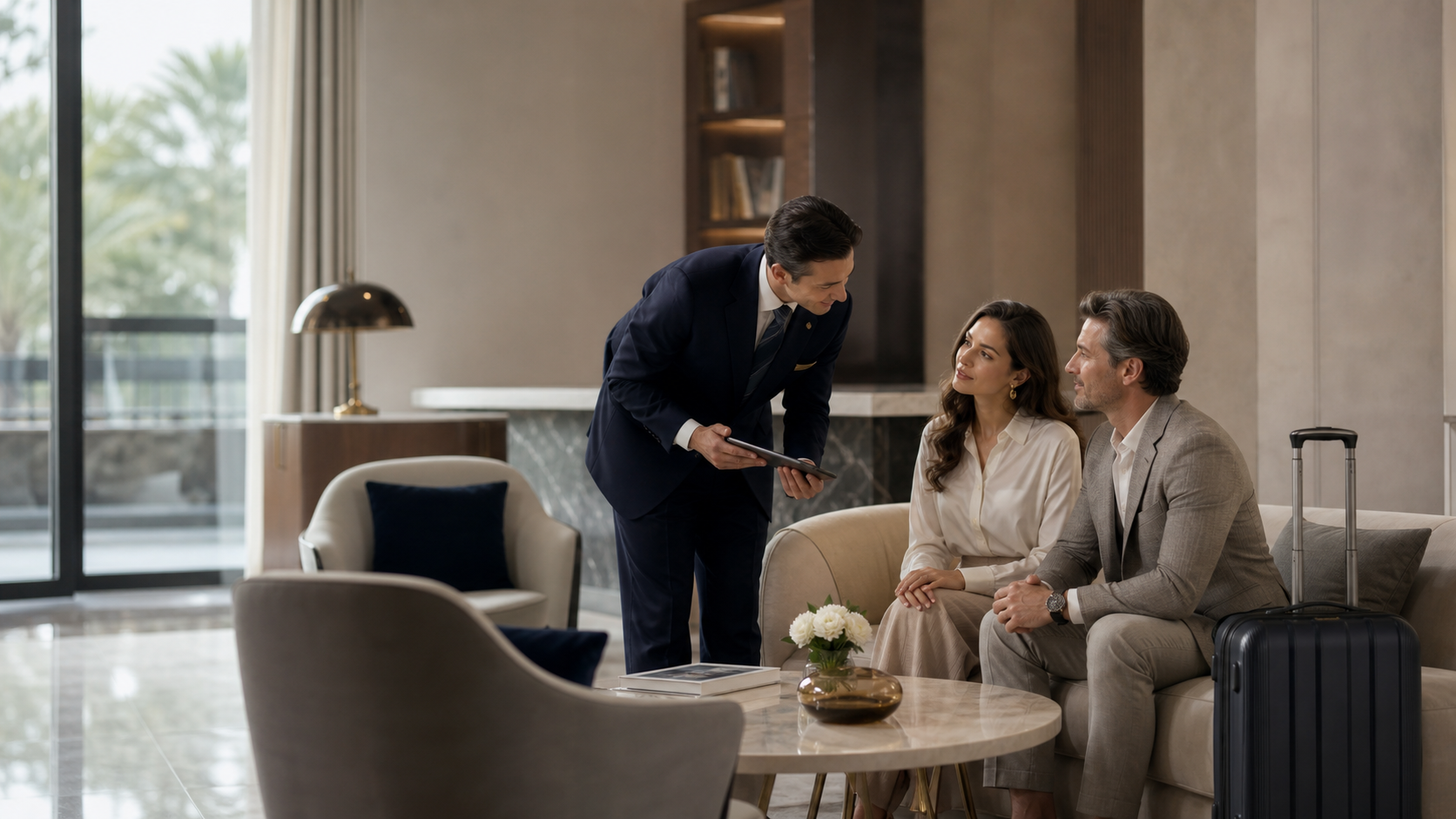 A couple receiving premium travel concierge service in a luxury lounge