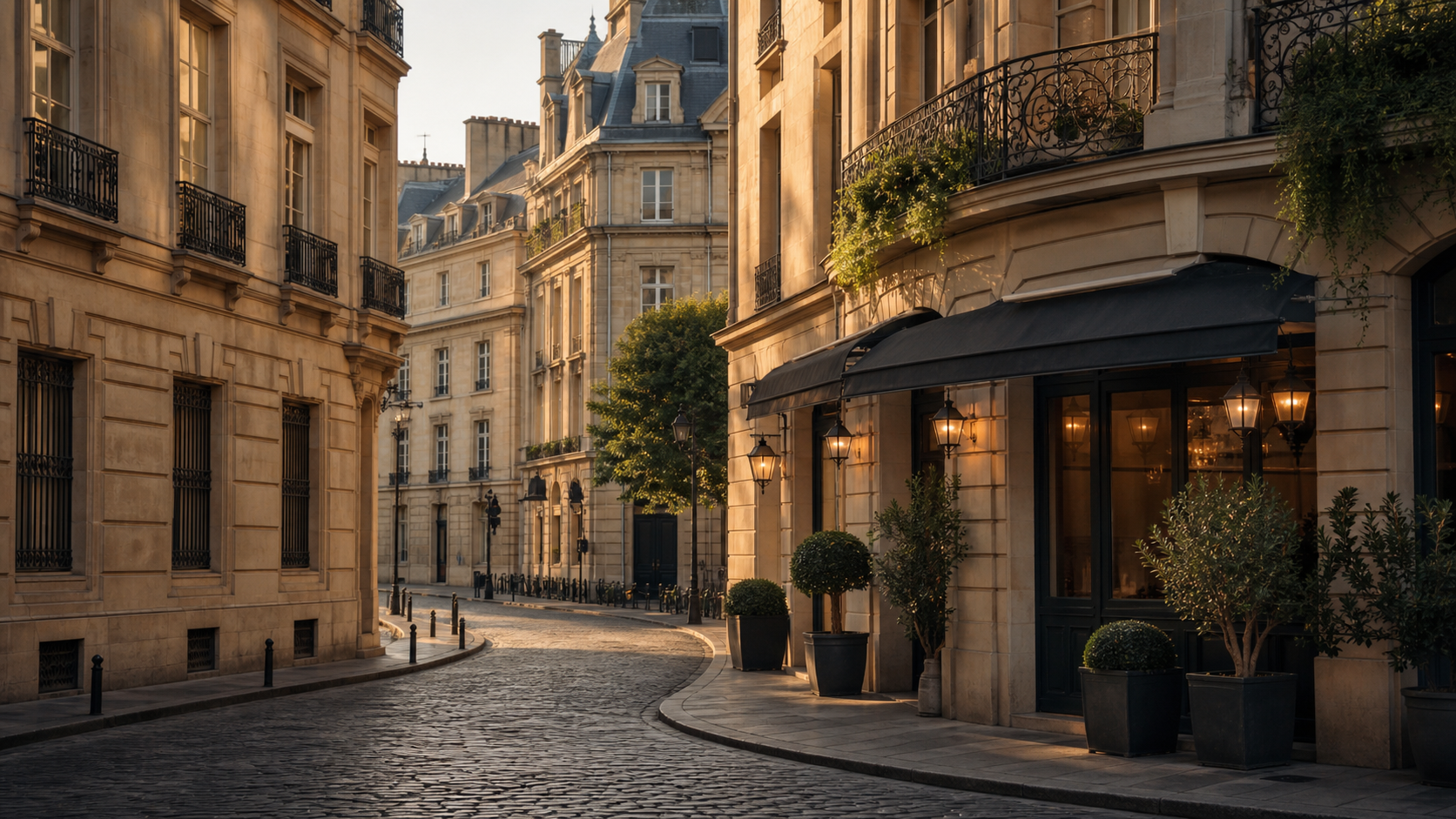 A historic European street corner with elegant architecture