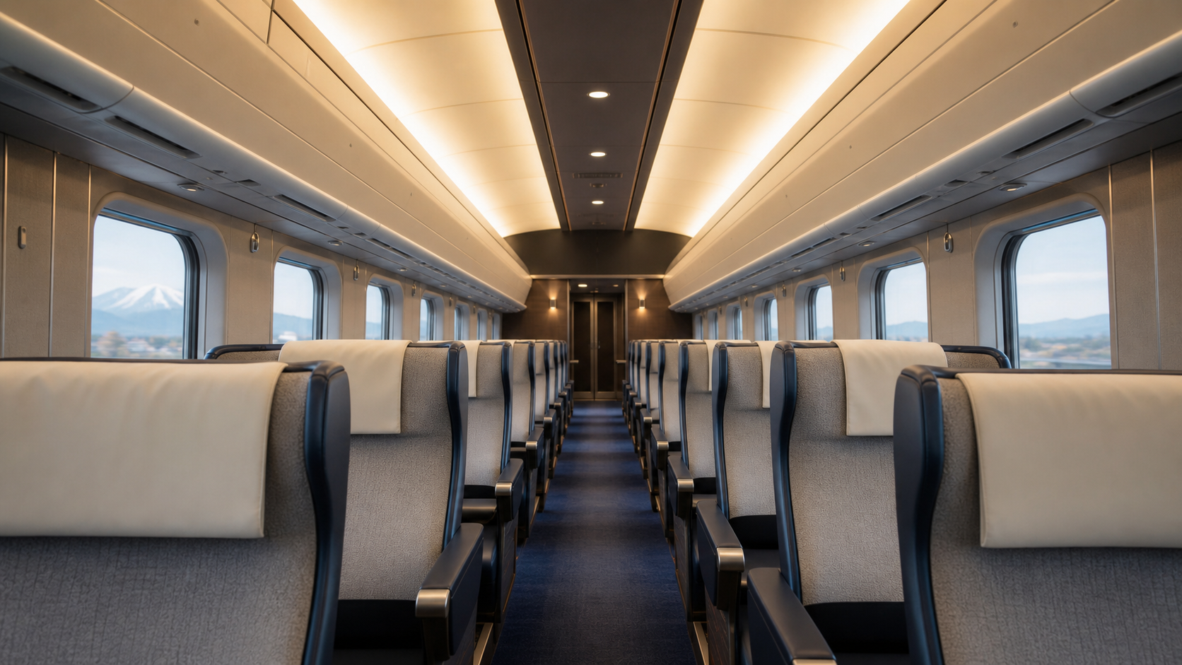 A quiet and minimal Shinkansen cabin with premium seats